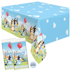 Unique Bluey rectangular table cover on a party table creates a vibrant setup.