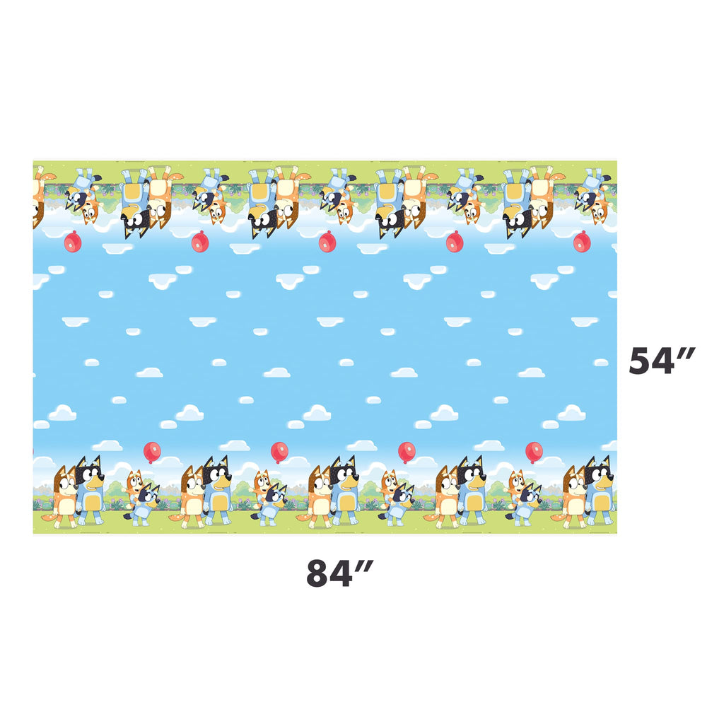 Unique Bluey table cover setup draped over a table for a cheerful party backdrop