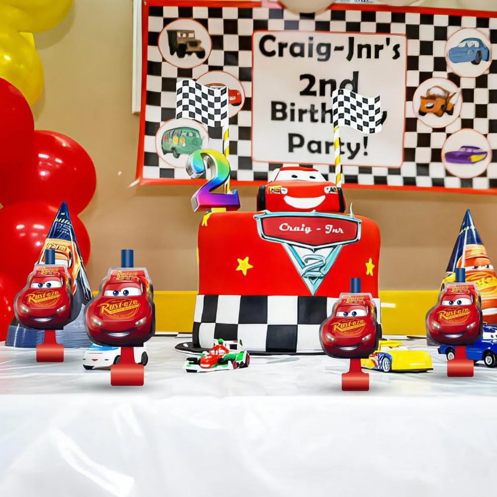 Unique Cars 3 party blowouts on table setup, perfect for cake time.