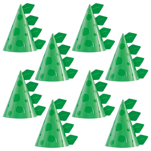 Unique green cone dinosaur hats 8-pack on table for party decor