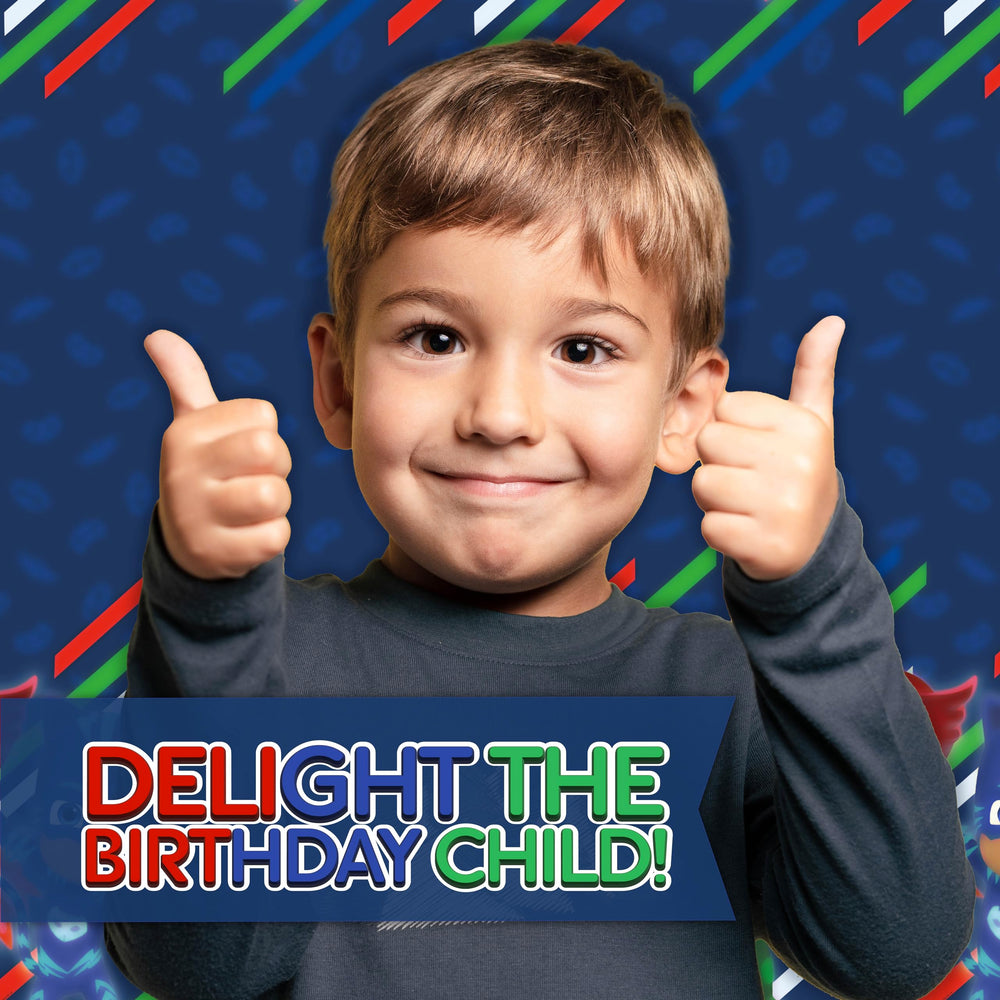 Unique PJ Masks birthday button creates a festive photo moment for guests