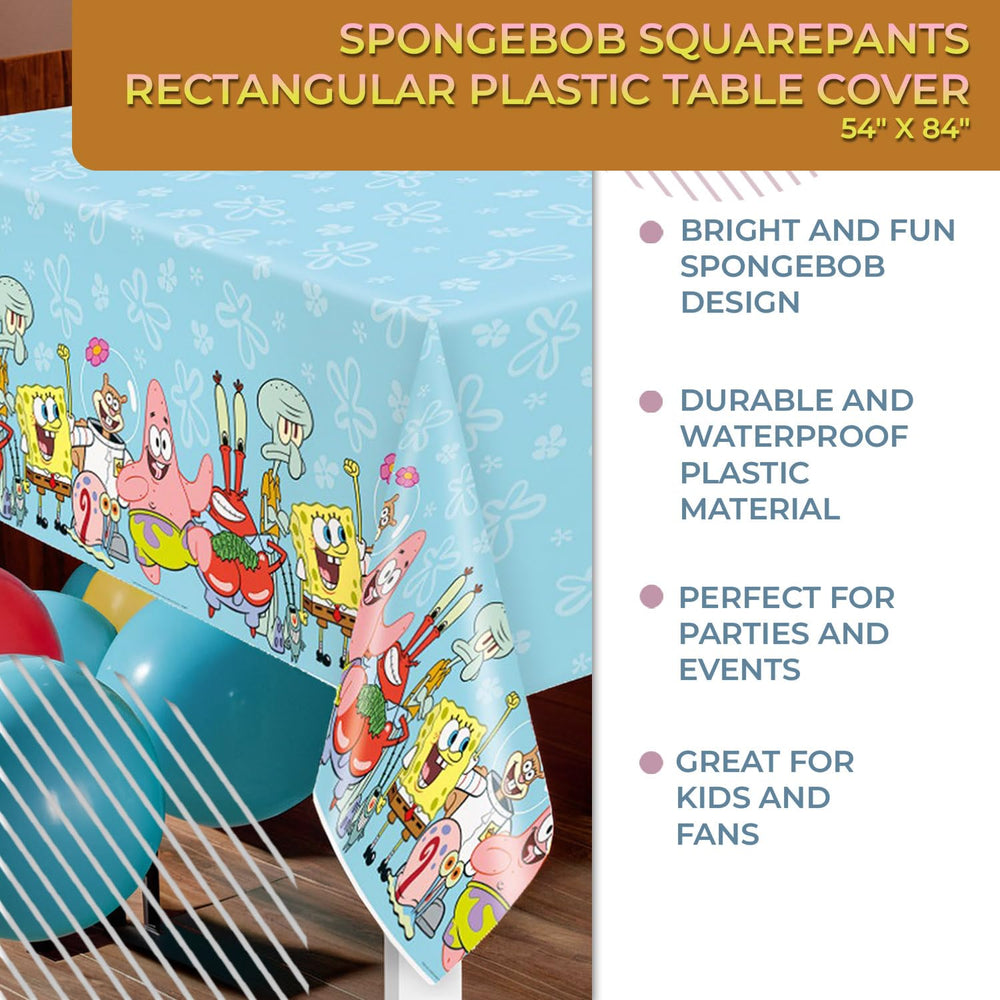 Unique SpongeBob table cover uses durable plastic for easy cleanup.
