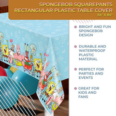 Unique SpongeBob table cover uses durable plastic for easy cleanup.