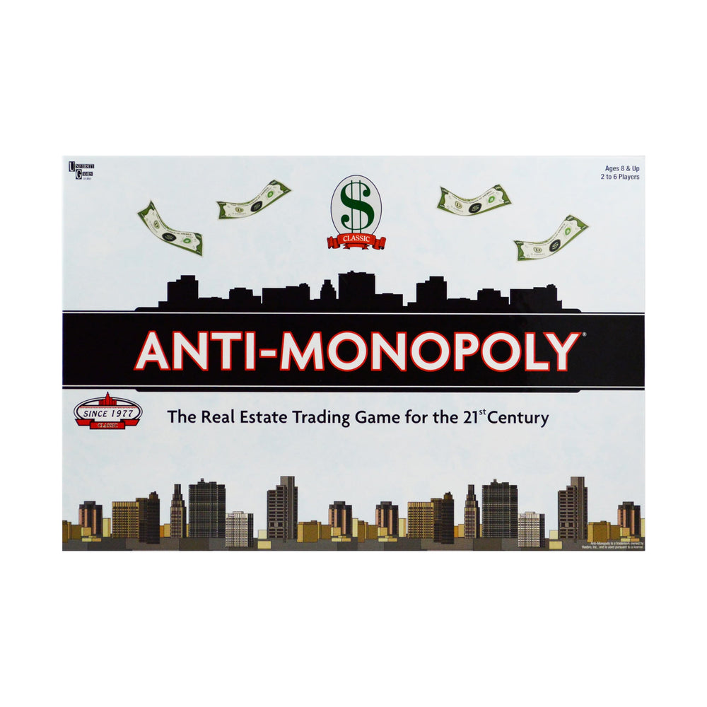 Box-front of University Games Anti-Monopoly for quick setup and reveal