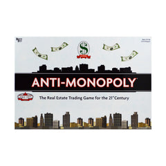 Box-front of University Games Anti-Monopoly for quick setup and reveal