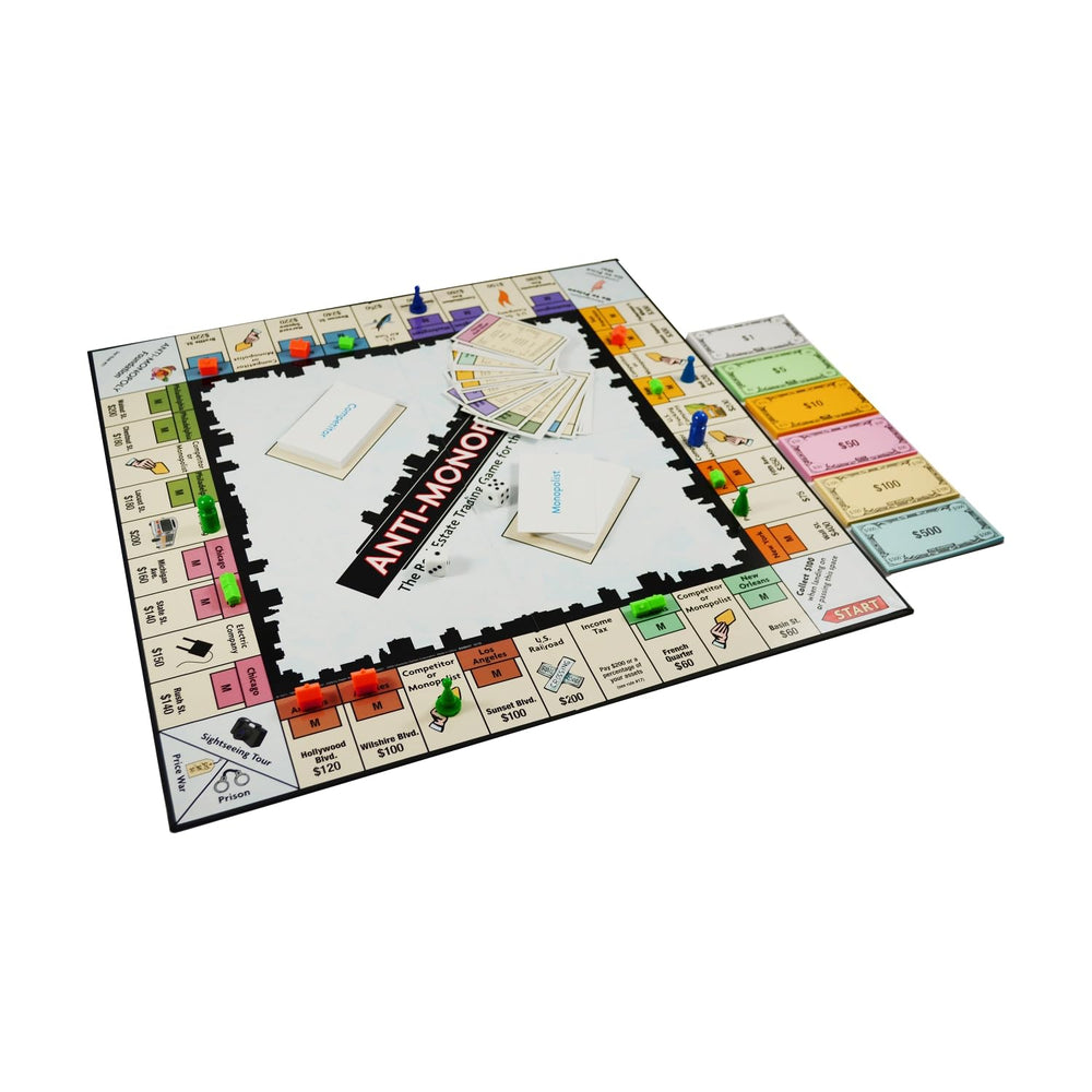 Colorful play money from Anti-Monopoly ready for trades and bids