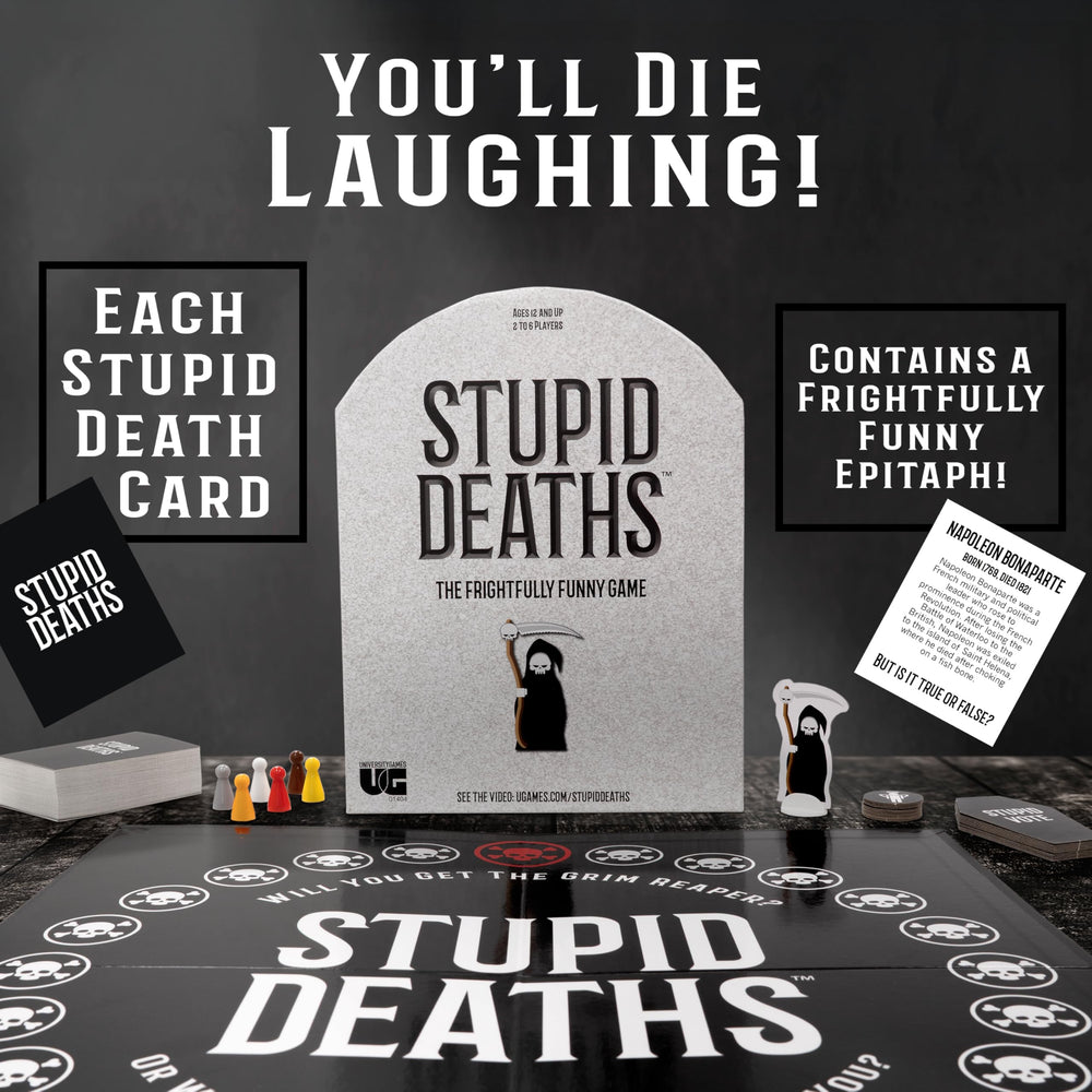 University Games Stupid Deaths in action captures a dynamic, laughter-filled game-night moment.