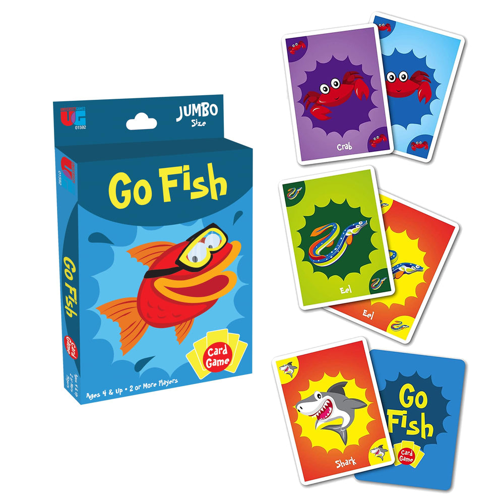 University Games Go Fish deck stays protected in its sturdy box for travel.