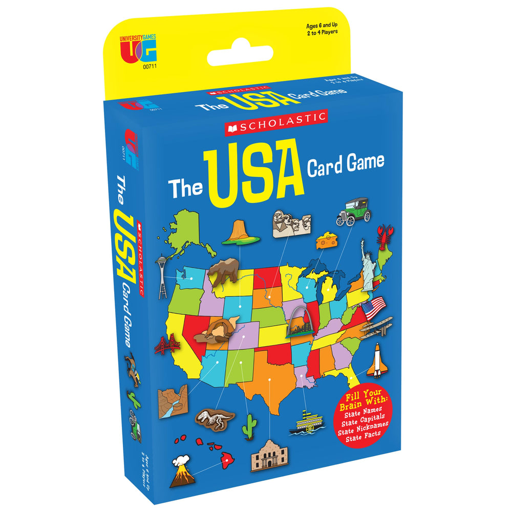 University Games Scholastic USA Travel Card Game front view, compact design for easy travel learning