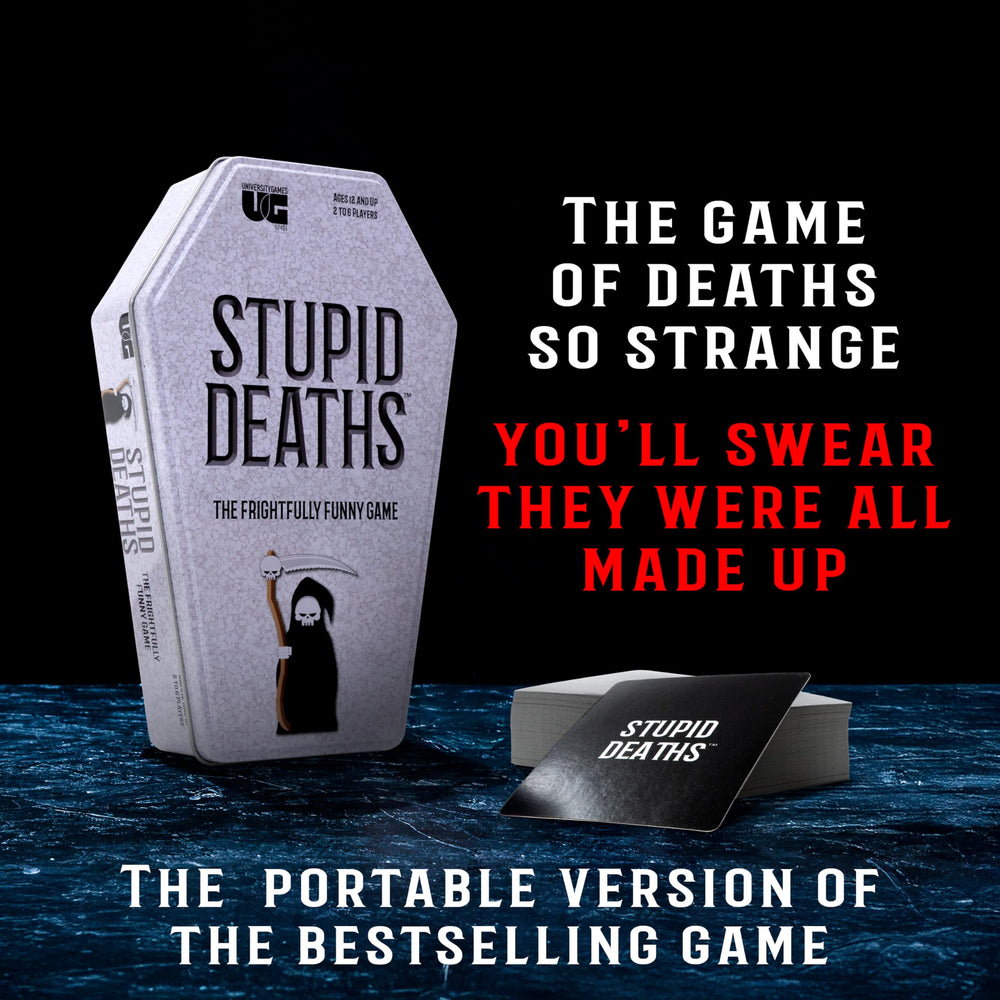 Stupid Deaths coffin tin beside a large format board game expansion.