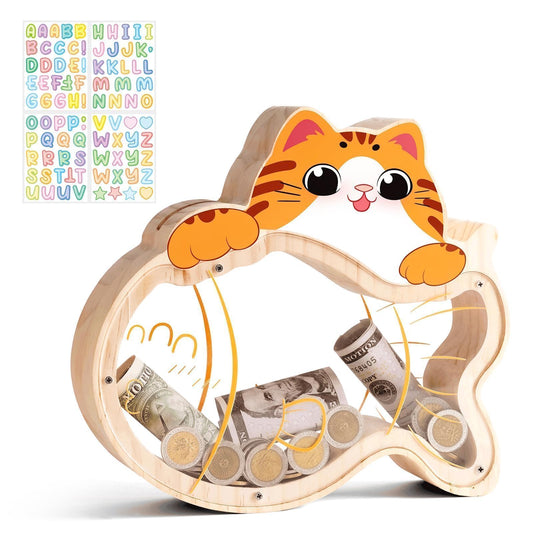 Uniwooder cat piggy bank wooden front view with large savings capacity for kids