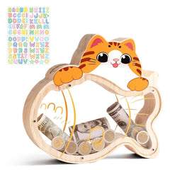 Uniwooder cat piggy bank wooden front view with large savings capacity for kids