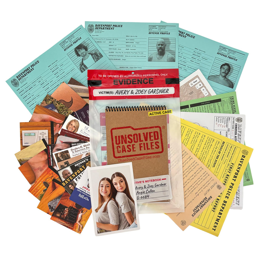 Unsolved Case Files Gardner Avery active murder mystery cover art invites immersive investigation at home