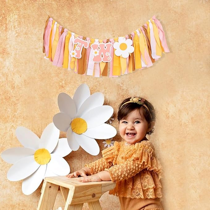 UOAOU Groovy Two high chair banner uses durable ribbon for reusable decor.