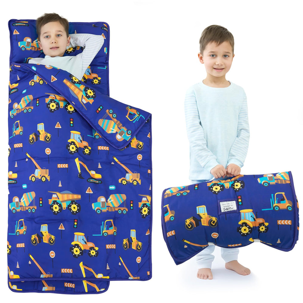 UOMNY toddler nap mat in blue excavator design for cozy daycare naps.
