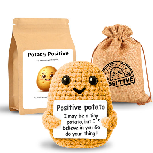 Uonel Positive Potato Crochet box for a friend brightens a desk display.