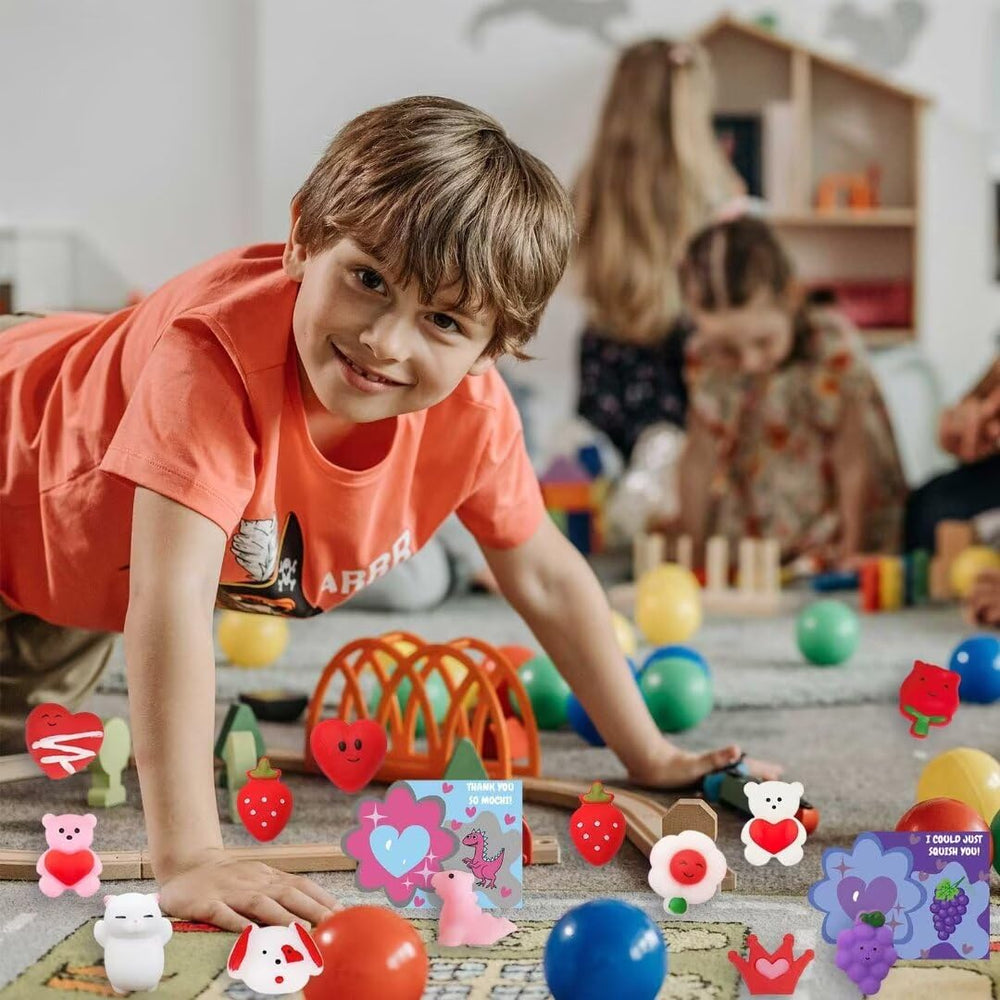 UPINLOOK Valentines gift set with seven unique card styles, matching toys for coordinated presents.