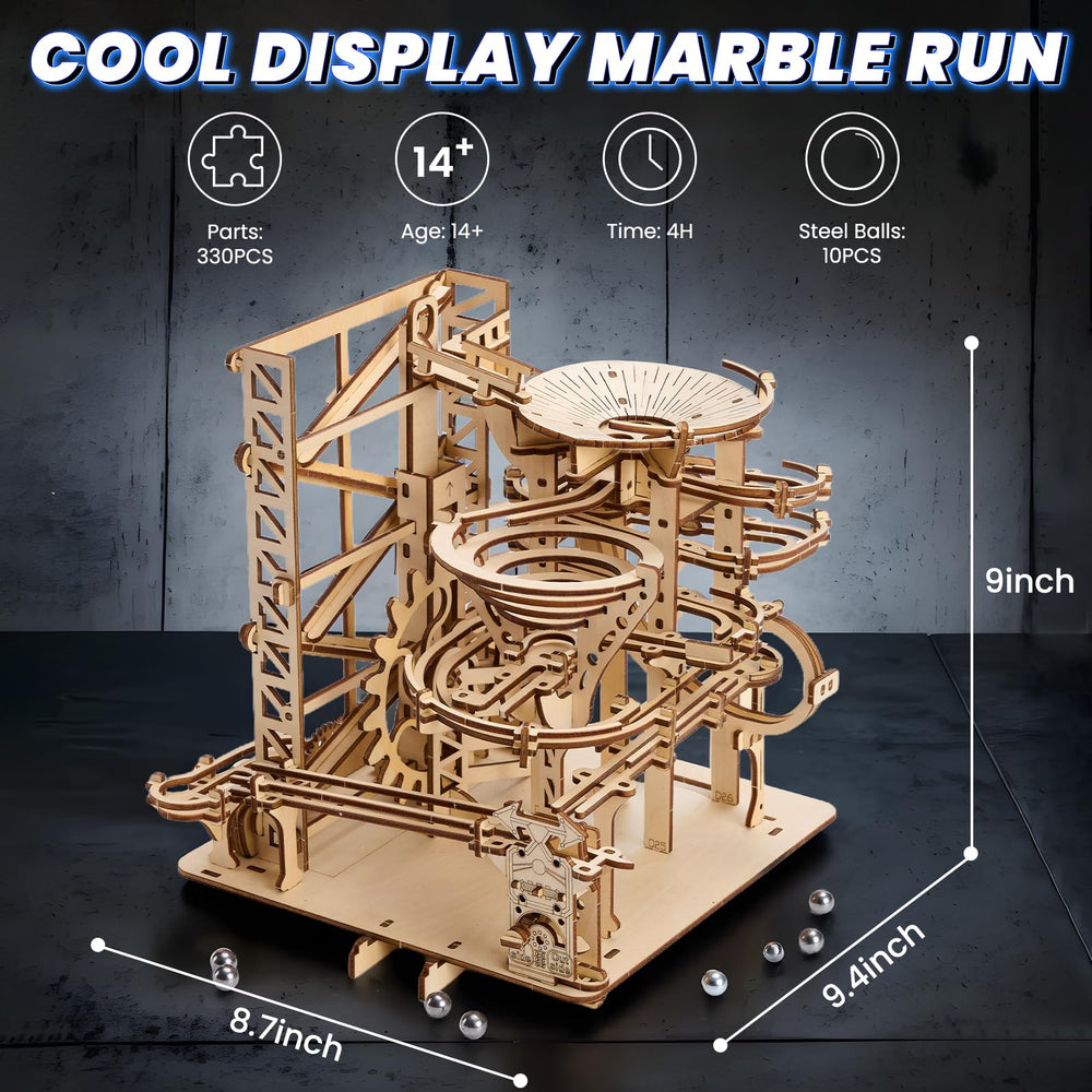UPLIKE wooden marble run elevator showing vertical lift mechanism.