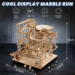 UPLIKE wooden marble run elevator showing vertical lift mechanism.