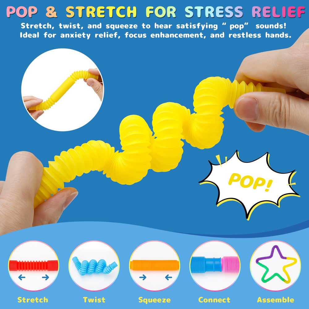 UrChoice Pop Tubes in a clear pouch highlight portable, durable fidget fun on the go.