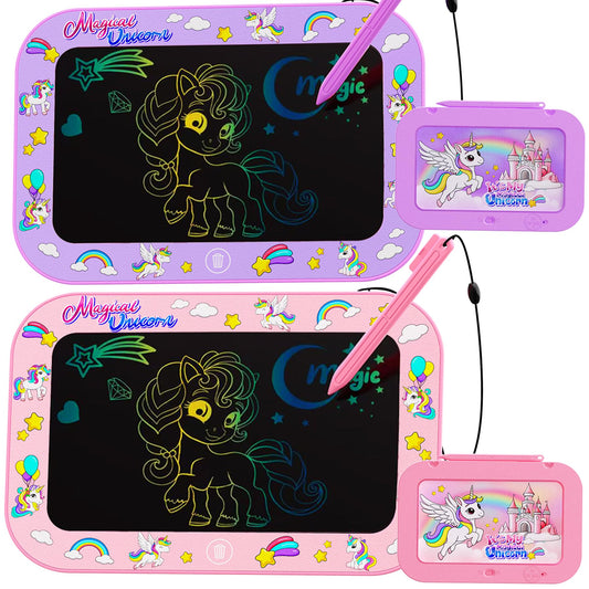 Urcoobela 2-pack LCD tablets shown with unicorn theme for colorful doodling on a 10-inch screen