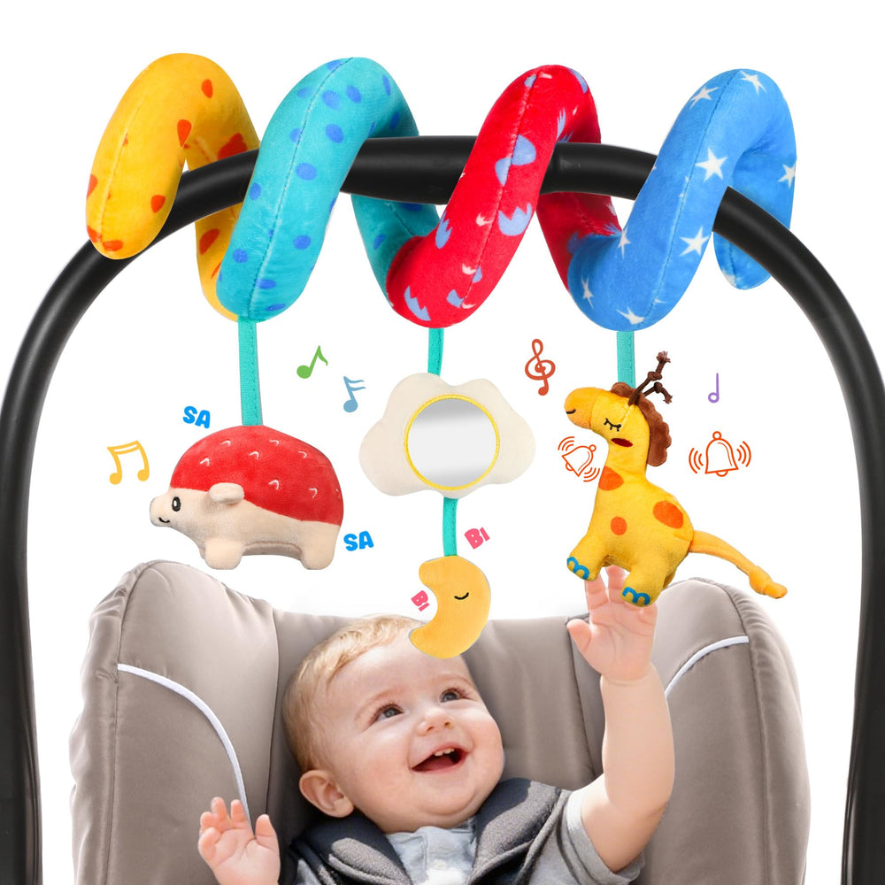 URMYWO car-seat spiral toy shown on a stroller, supports tracking and grasping