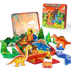 URRLUNA 48-piece dinosaur magnetic tiles travel set in a case for portable play.