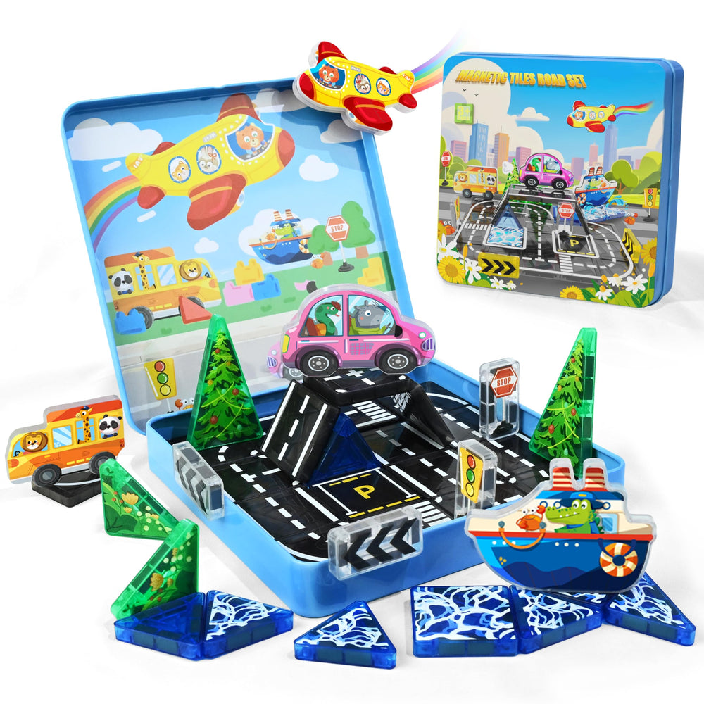 URRLUNA mini magnetic tiles road travel case for screen-free play on the go.
