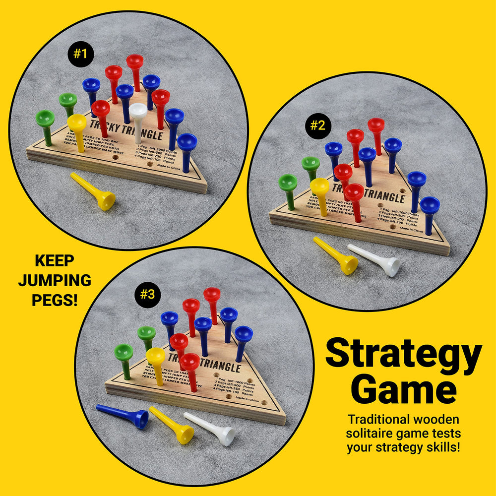 U.S. Toy Tricky Triangle Game wooden board includes instructions printed on the surface.