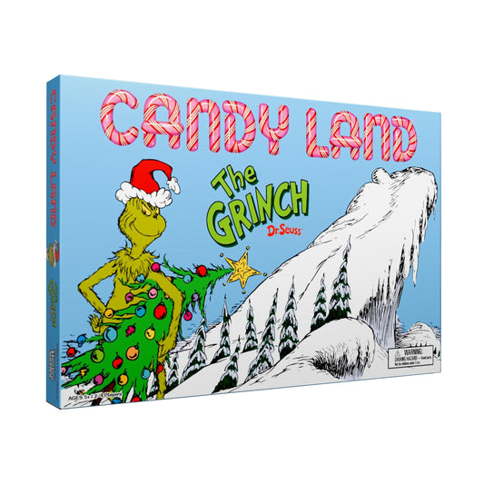 USAOPOLY Candy Land Grinch box front showcases festive packaging for family fun.
