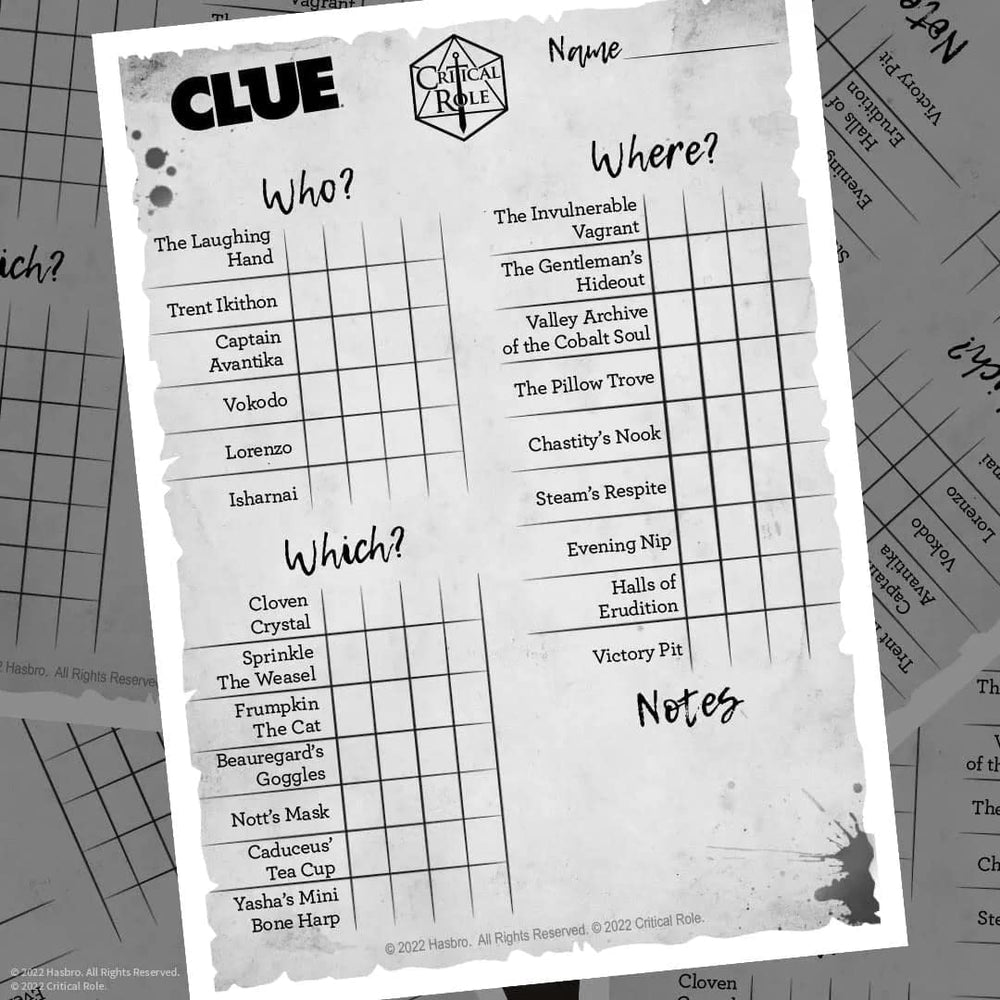 USAOPOLY CLUE Critical Role villain clue cards fuel twist-filled investigations