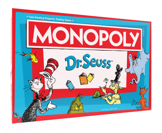 USAOPOLY Monopoly Dr. Seuss board with whimsical artwork for family game night
