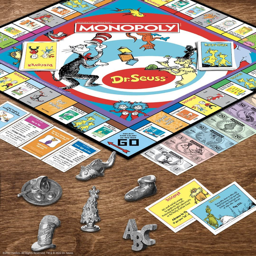 USAOPOLY Monopoly Dr. Seuss title deed cards showcasing beloved book titles