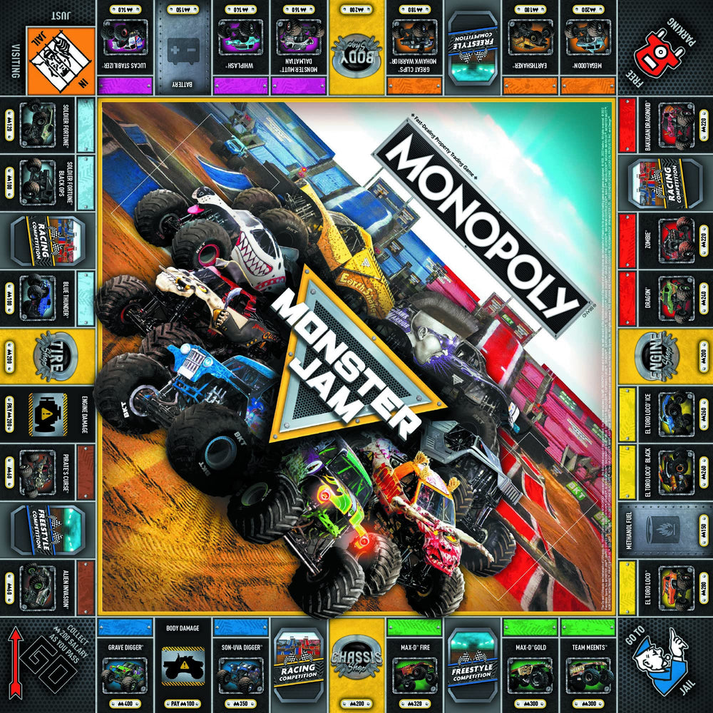 USAOPOLY Monster Jam title deed cards show properties for bidding.