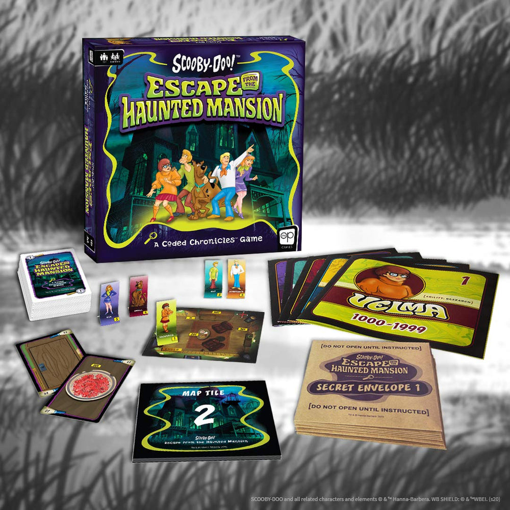 USAOPOLY Scooby-Doo game components organized for setup.