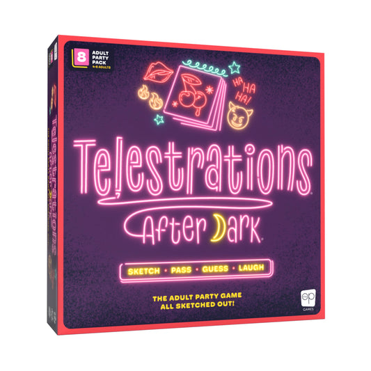 USAOPOLY Telestrations After Dark box front, bold design for adult game night laughter.