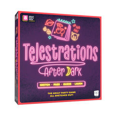 USAOPOLY Telestrations After Dark box front, bold design for adult game night laughter.