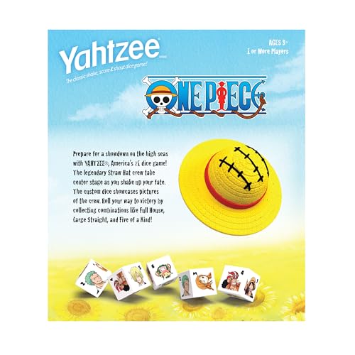 USAOPOLY Yahtzee dice faces feature Luffy, Nami, and Zoro for immersive anime play.
