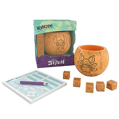 Close-up of Stitch dice and tiki cup highlighting vibrant colors.