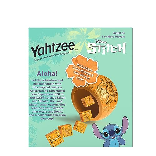 USAOPOLY Yahtzee Disney Stitch dice set captures tropical adventure on every roll.