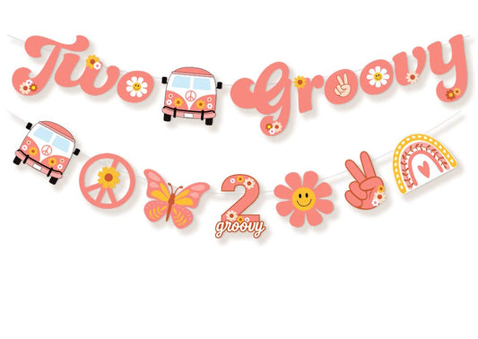 Ushinemi two groovy banner letters decorate a bright birthday backdrop for a playful kid party.