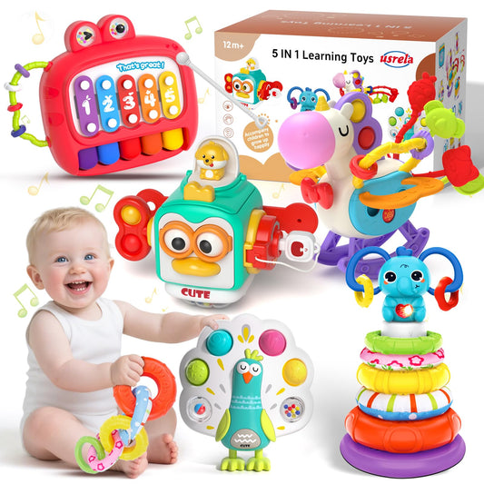 usrela 5 in 1 baby toy with stacked elephants promotes color and shape recognition.