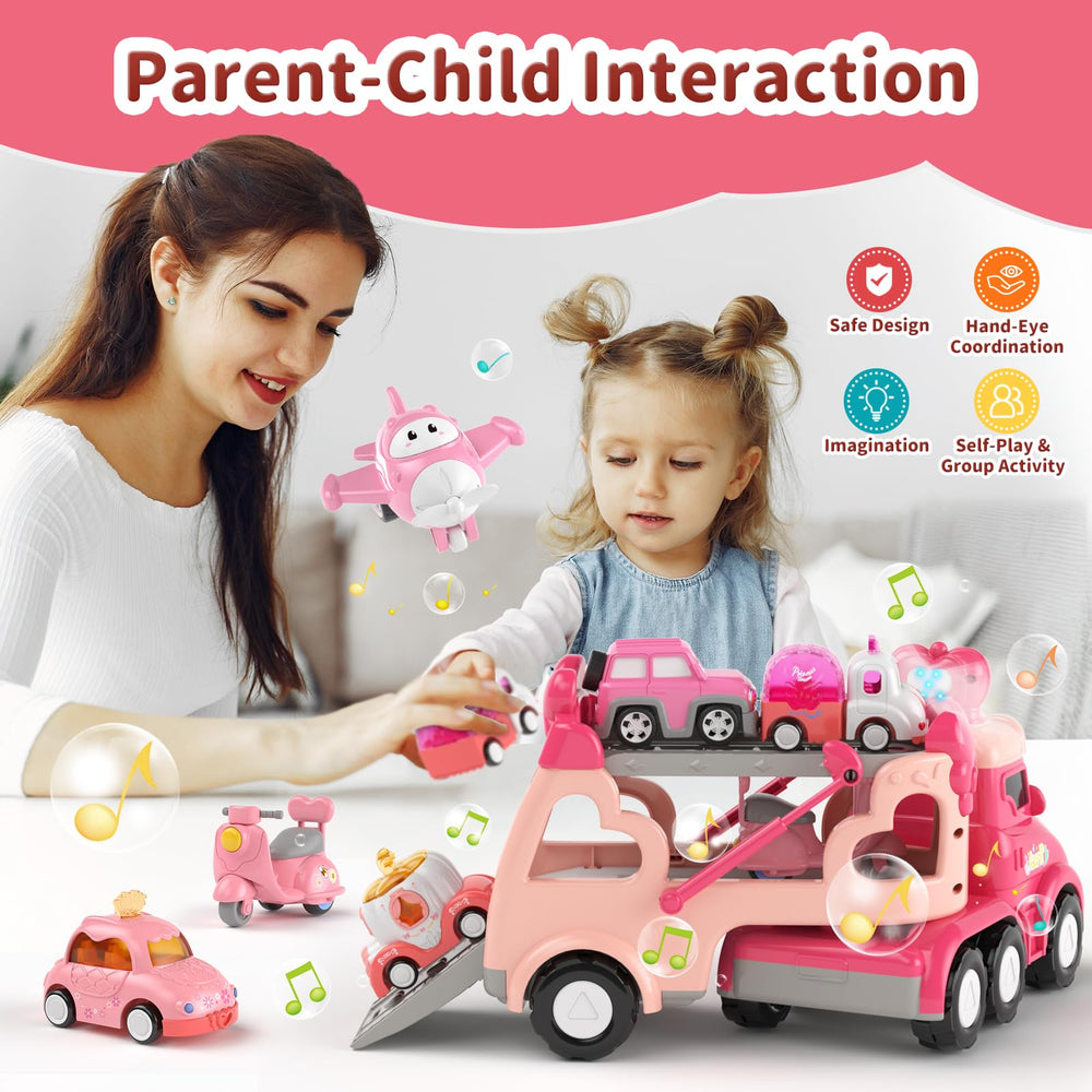 Usrela crown truck toy side view showcases colorful design for toddlers to enjoy.