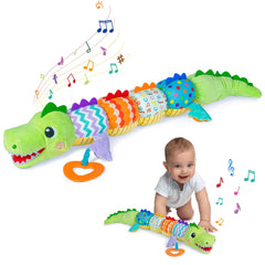 Ussybaby caterpillar crocodile toy front view highlights soft textures for engaging tummy time.
