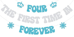 Usumz Four the First Time in Forever banner letters form a snowy photo backdrop.