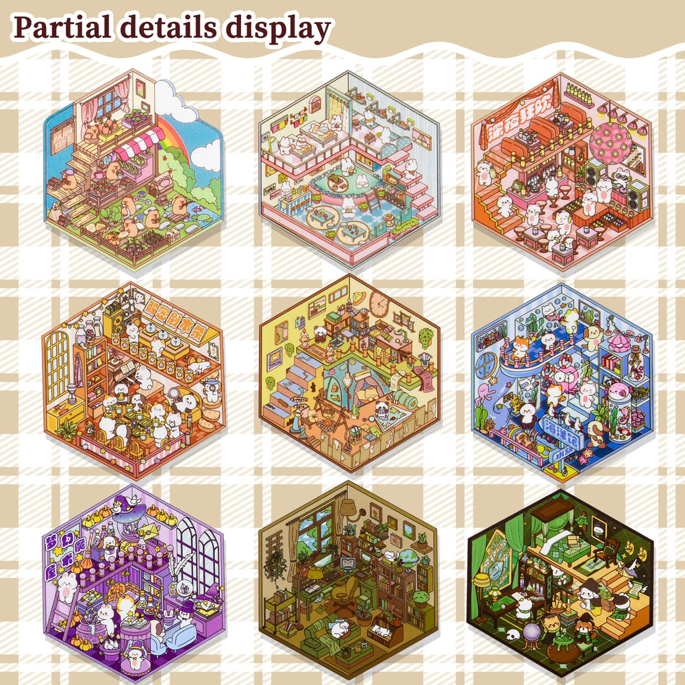 UTOUMON 3D sticker sheets showing easy-peel pieces and tweezers for tidy crafting.