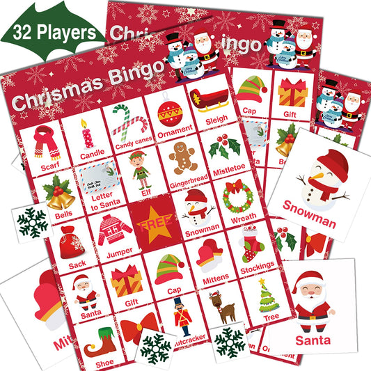 V-Opitos Christmas bingo cards for 32 players with festive patterns for family play