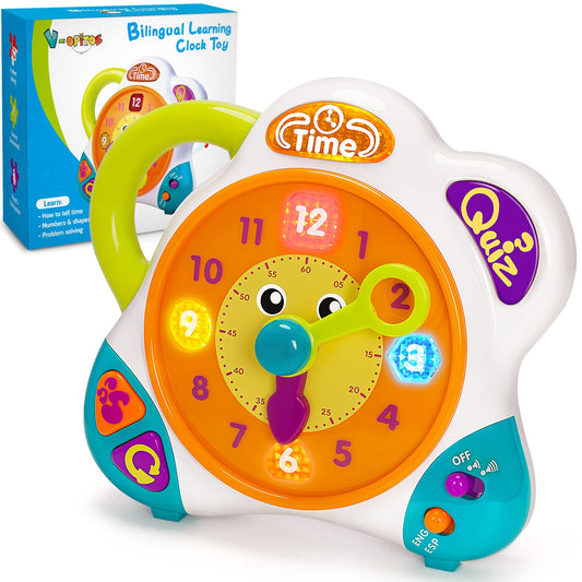 V-Opitos clock learning toy front view engaging kids in hands-on time-telling practice.