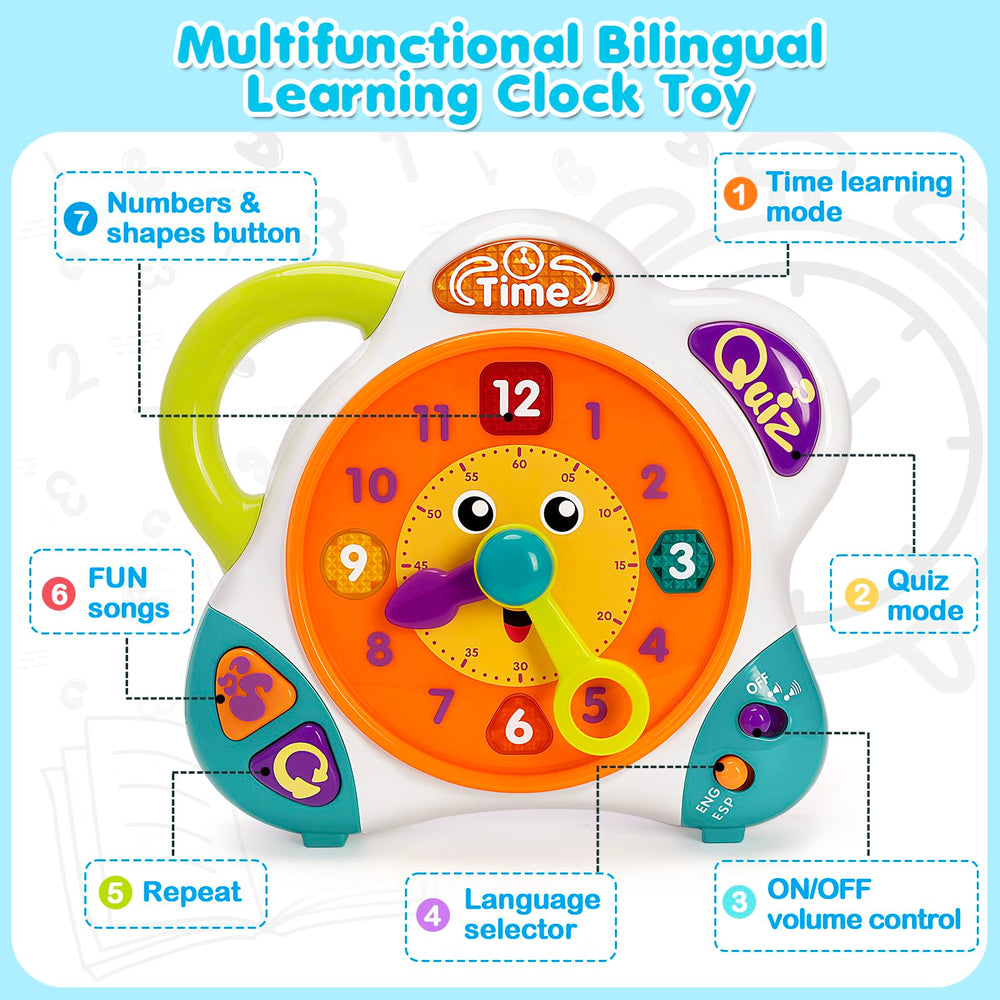 V-Opitos clock learning toy side buttons showing interactive features for early cognitive development.