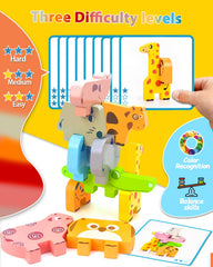 Vaiheng wooden blocks with animal figures and double-sided cards for creative play.